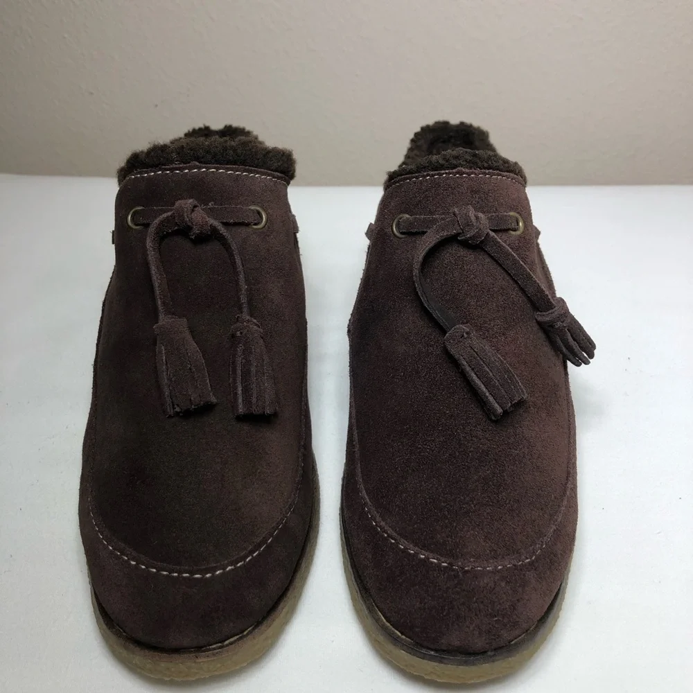 Lands' End Women's Leather Chalet Tassel‎ Fur Lining Brown Mules Clogs 8B